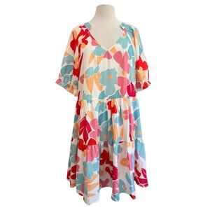 Abstract Floral Midi V Neck Flowy Tiered Dress Summer Spring Large